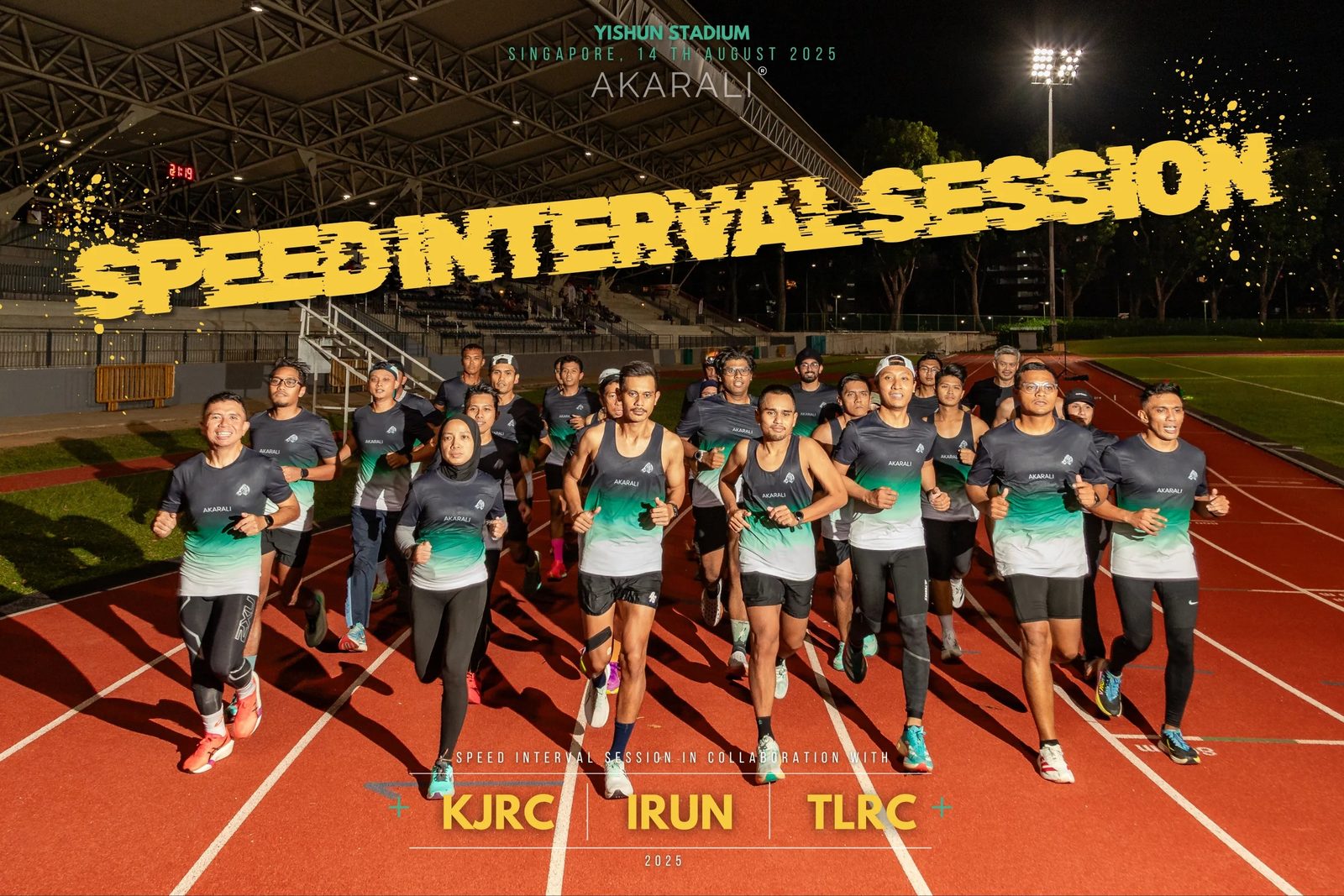 Runners photographed on an athletics track for a branded running session