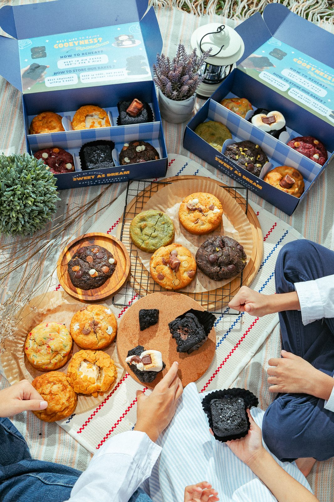Assorted stuffed cookies and brownies from two gift boxes, spread out on a picnic blanket